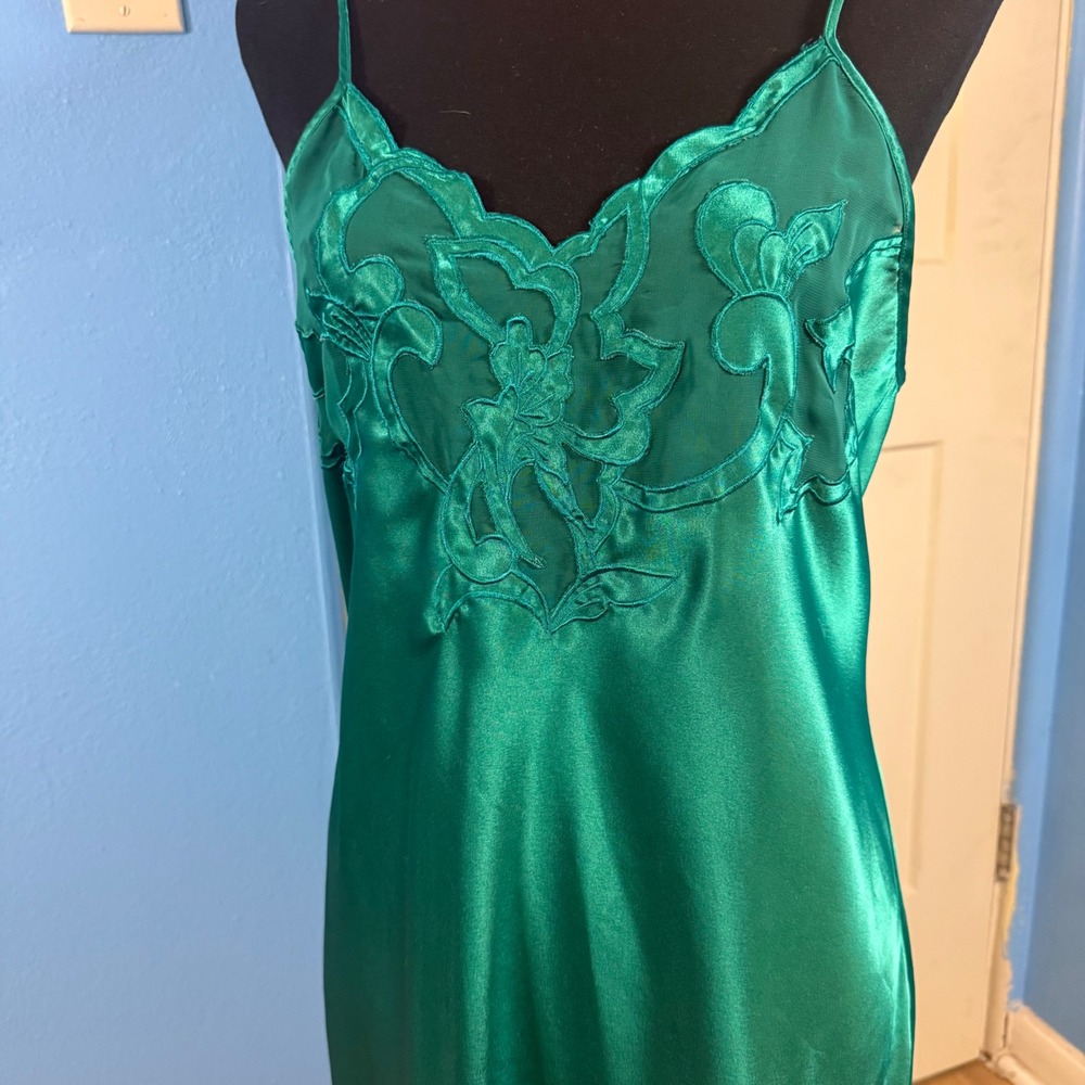 VTG Victorias Secret Gold Label Green Satin Mesh Floral Slip Dress Large Y2K